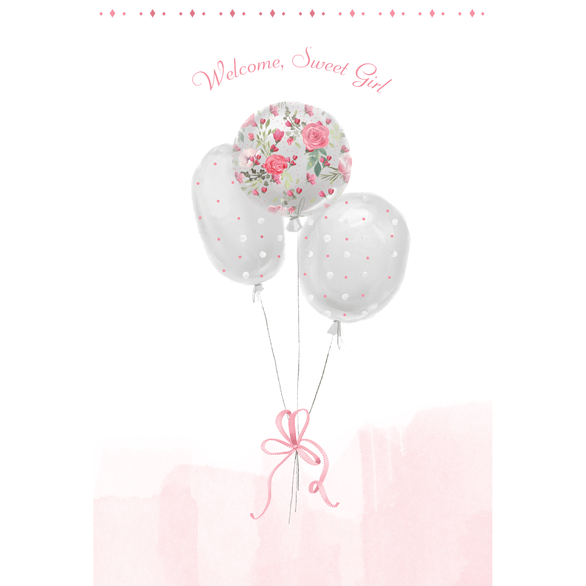 Colorful baby girl balloons on a Pictura everyday card, featuring cheerful balloon illustrations for celebration and greeting cards.